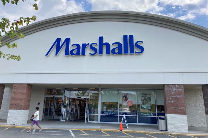 HADLEY, MASSACHUSETTS, USA - AUGUST 6, 2021: Exterior of Marshalls on Russell Street open during COVID-19 summer. Marshalls is an American chain of off-price department stores owned by TJX Companies.