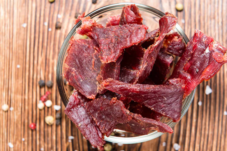Beef jerky in a small bowl
