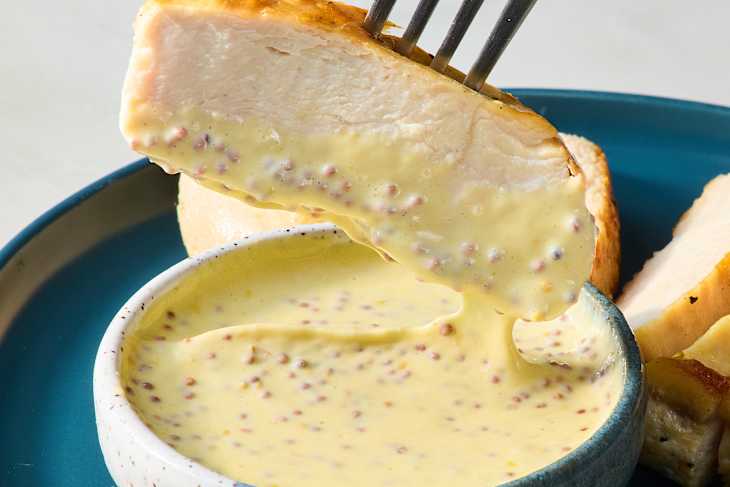 Sliced chicken breast being dipped into a creamy mustard sauce in a blue bowl, with additional chicken slices on the side.