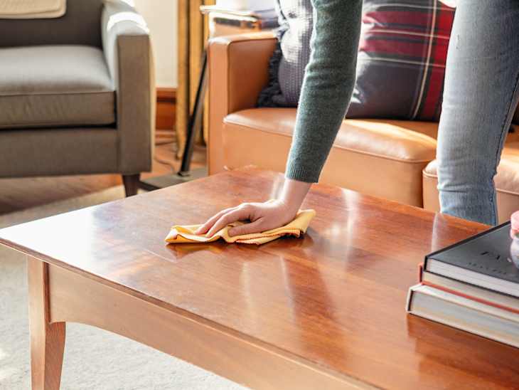 Wiping down coffee table with dusting cloth