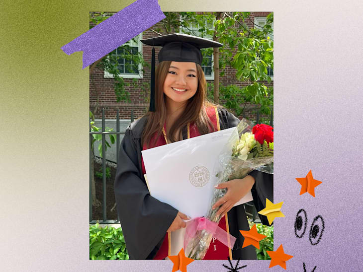 Graduate in cap and gown holding diploma and bouquet, smiling outdoors with decorative stars and tape overlay.
