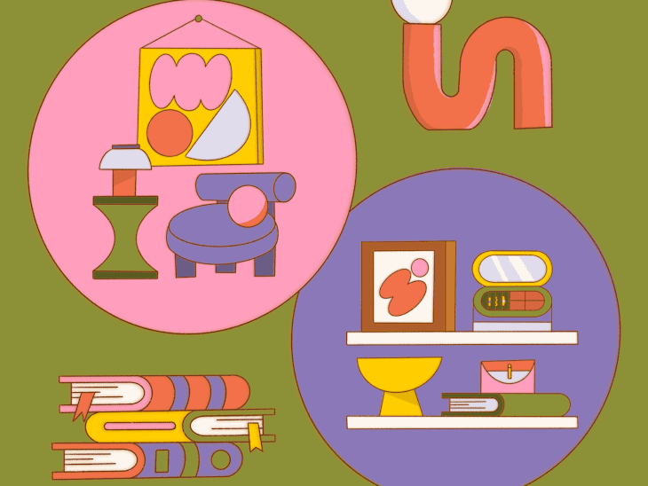 Abstract illustration with a chair, lamp, and art in pink circle; books and decor in purple circle on green background.