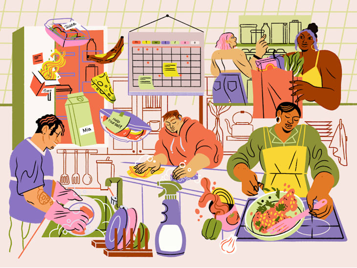 A vibrant kitchen scene with four people engaged in various cooking activities, colorful ingredients, and a calendar on the wall.