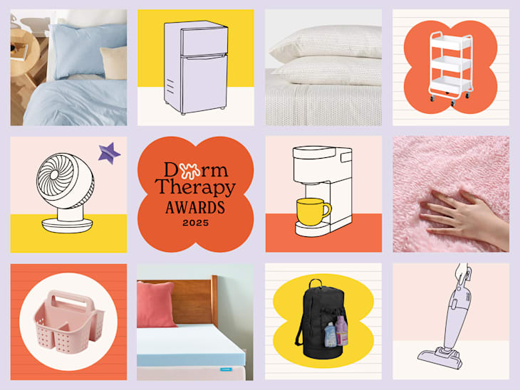 Collage of dorm essentials including bedding, a refrigerator, a fan, a coffee maker, and a vacuum cleaner, with a playful design.