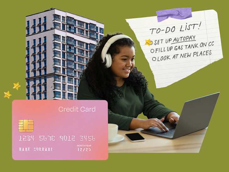 A woman with curly hair wearing headphones works on a laptop at a table with a credit card and coffee cup, with a to-do list visible.