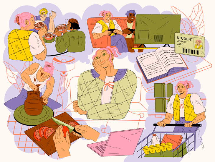 A collage of diverse individuals engaging in various activities: pottery, cooking, studying, and shopping, with vibrant colors and playful expressions.