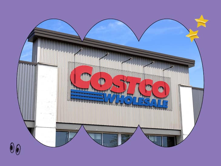 Costco storefront on a purple graphic background