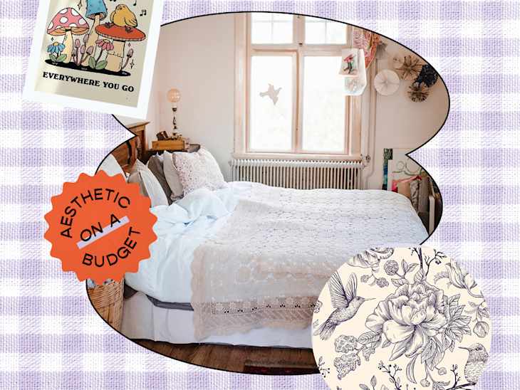 Collage of cottagecore decor with groovy mushroom print on top left, image of a cottagecore decorated bedroom in the center and floral wallpaper on bottom right.