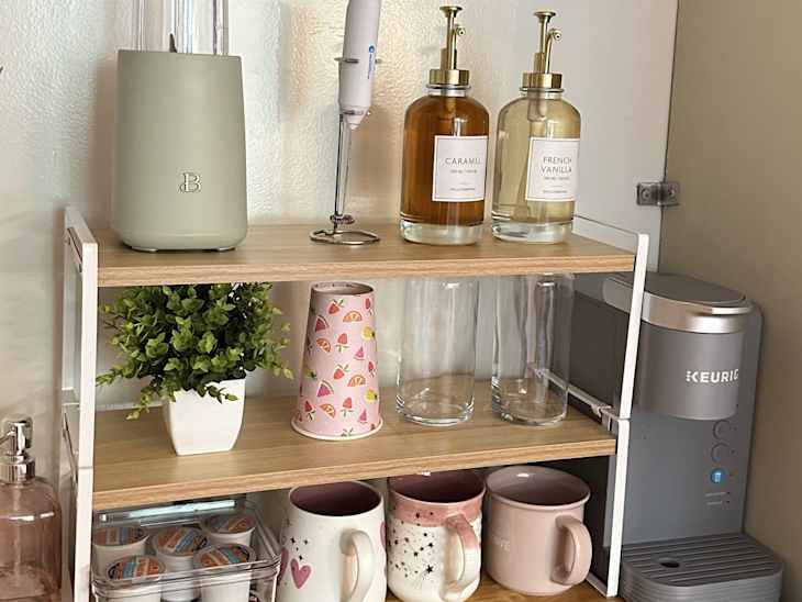 small 2 tiered wood desk shelves with coffee cart supplies and keurig