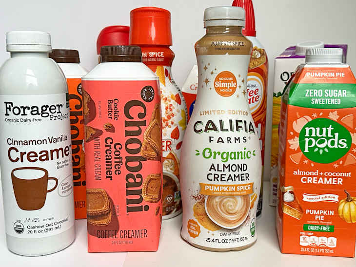 Assorted coffee creamers in various flavors, including pumpkin spice, cookie butter, and cinnamon vanilla.