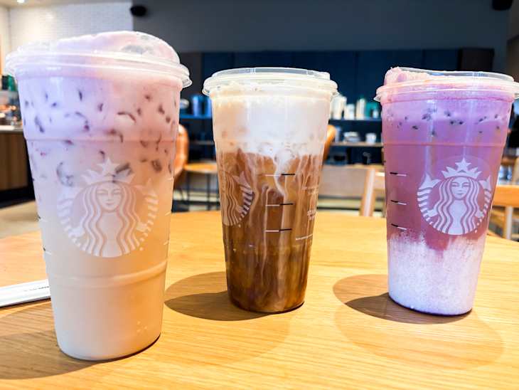 Iced Lavender Cream Chai,Toasted Coconut Cream Cold Brew and Iced Ube Coconut Macchiato.