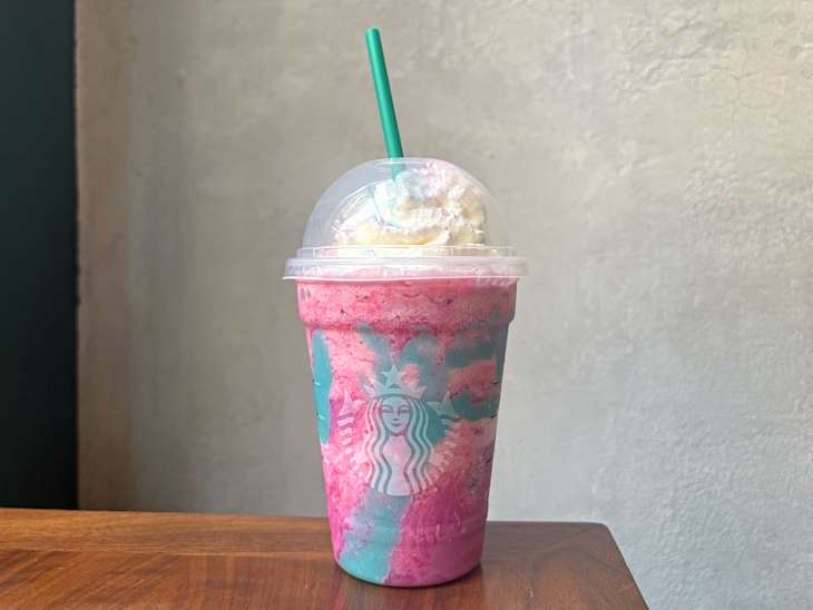 Unicorn Frappuccino on table at Starbucks