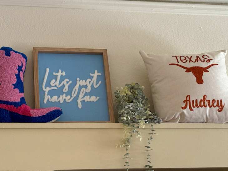 Colorful cowboy hat, framed blue sign with "Let's just have fun," and a Texas-themed pillow with greenery.