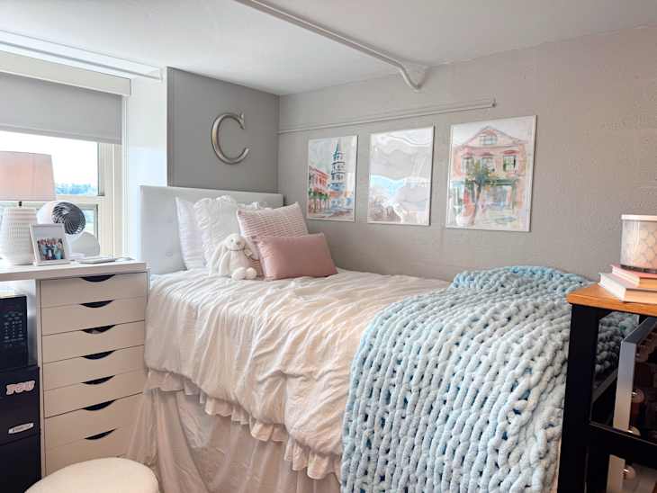 Cozy bedroom with a white bedspread, pink pillows, a blue chunky blanket, and framed artwork on the wall.