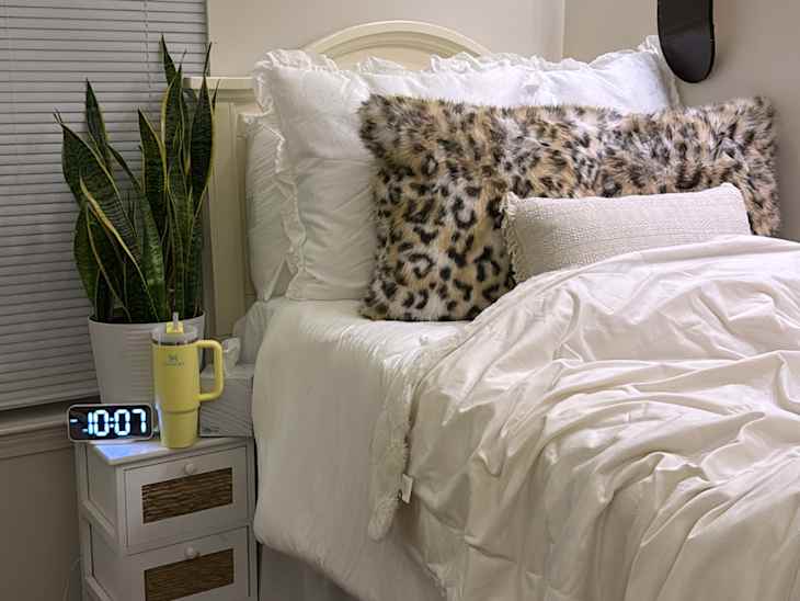 Cozy bedroom with a white bed, leopard print pillows, a plant, and a nightstand with a clock and a yellow cup.