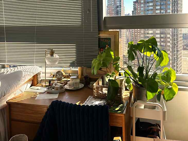 Cozy bedroom corner with a wooden desk, a glass lamp, a potted plant, and city views through the window.