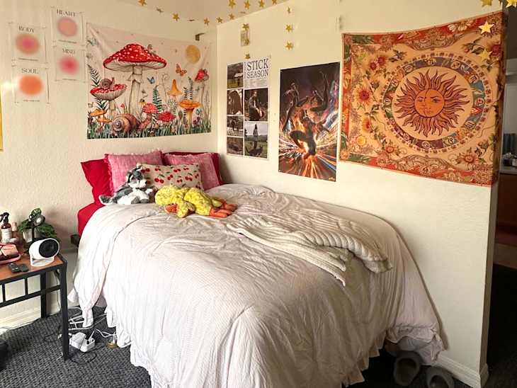 Cozy bedroom with a bed covered in a white blanket, red pillows, and stuffed animals, decorated with colorful wall art.