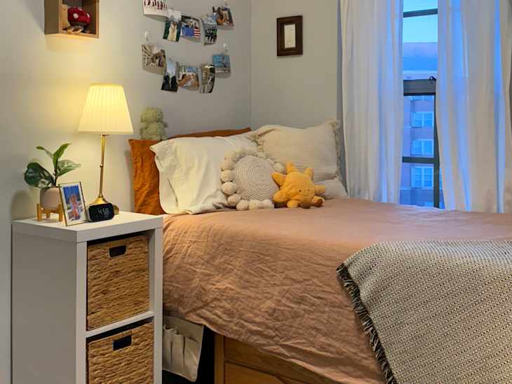 Cozy bedroom with a bed featuring a brown duvet, decorative pillows, a bedside table with a lamp, and a plant.