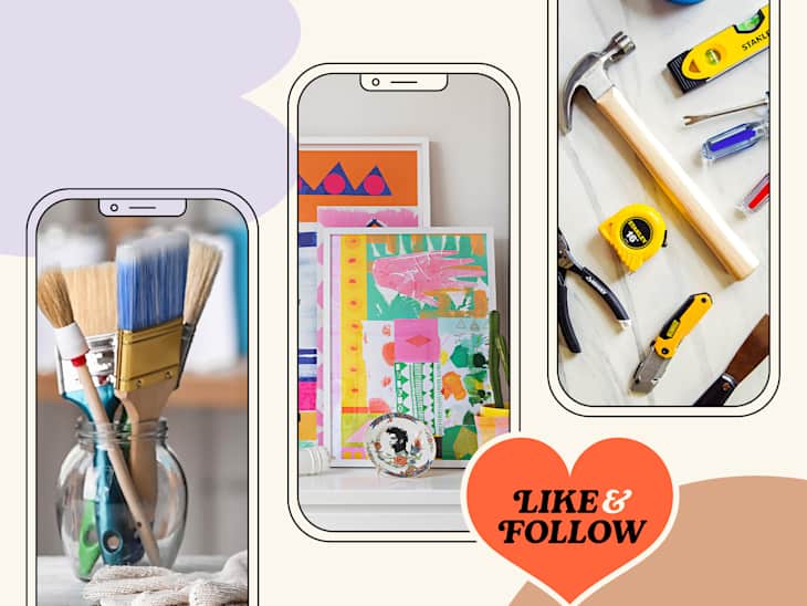 3 images on a colored background. 1. Paintbrushes in a jar, gloves lying next to it. 2. stack of artwork and a painted pot with a plant on a shelf. 3. tools: hammer, painter's tape, measuring tape, utility knife, pliers, etc