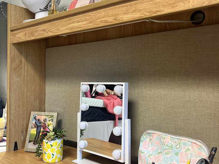 bubble light small mirror on dorm desk with upper shelf built in