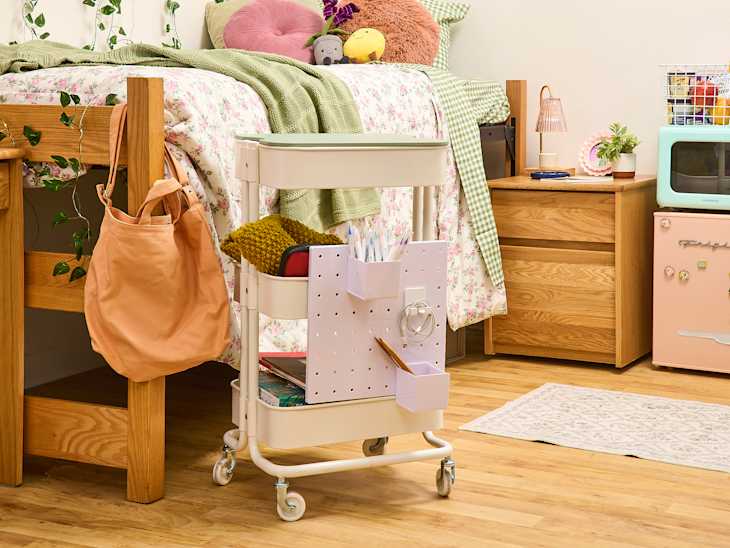 storage cart in cottage core dorm room