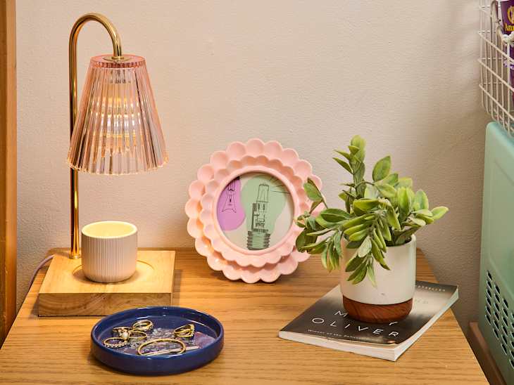 nightstand in cottage core dorm room