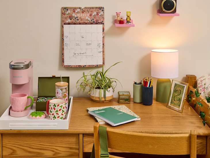 cottage core desk scene in low light