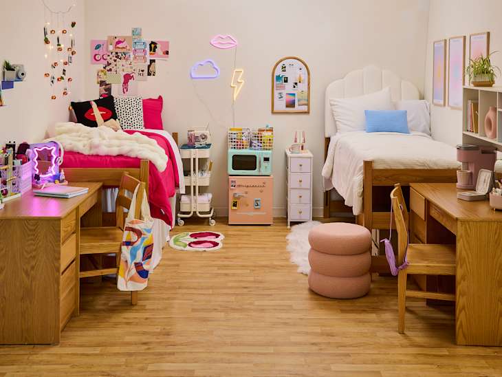 wide shot of an eclectic dorm room and a preppy dorm room