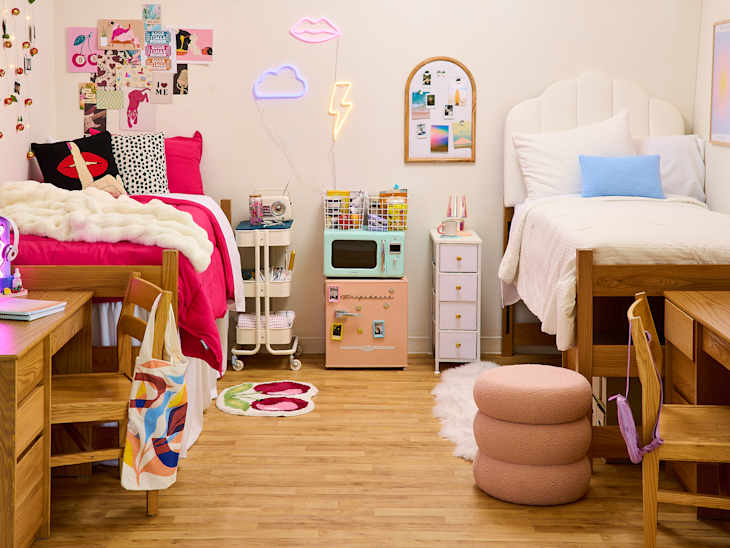 wide shot of an eclectic dorm room and a preppy dorm room