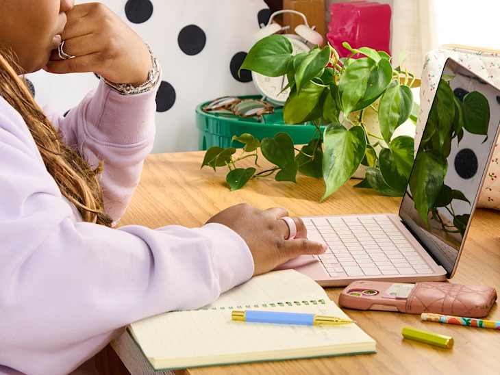A person with long hair in a lavender sweatshirt is using a pink laptop on a wooden desk, surrounded by a notebook, pens, and a green plant.