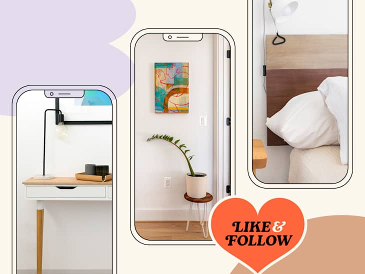 3 minimalist home decor photos on colored graphic background. 1. small desk with black lamp, framed art. 2. plant in pot on wood floor, painting on wall above. 3. bed with wood headboard, white linens. Simple white clip lamp on headboard. wood table peeking in