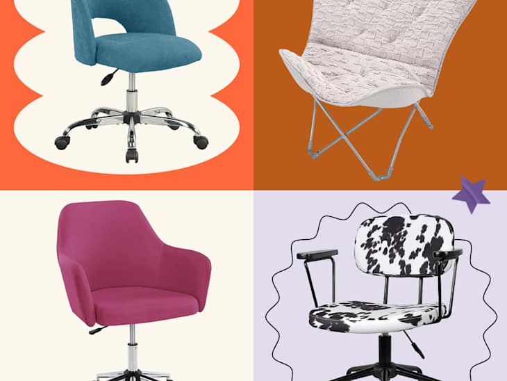 4 desk chairs on graphic colored background