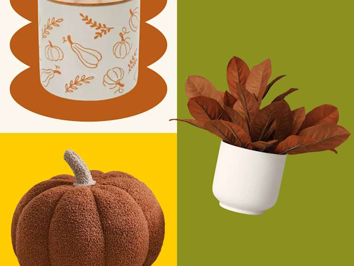 3 autumn decor products on a colored background