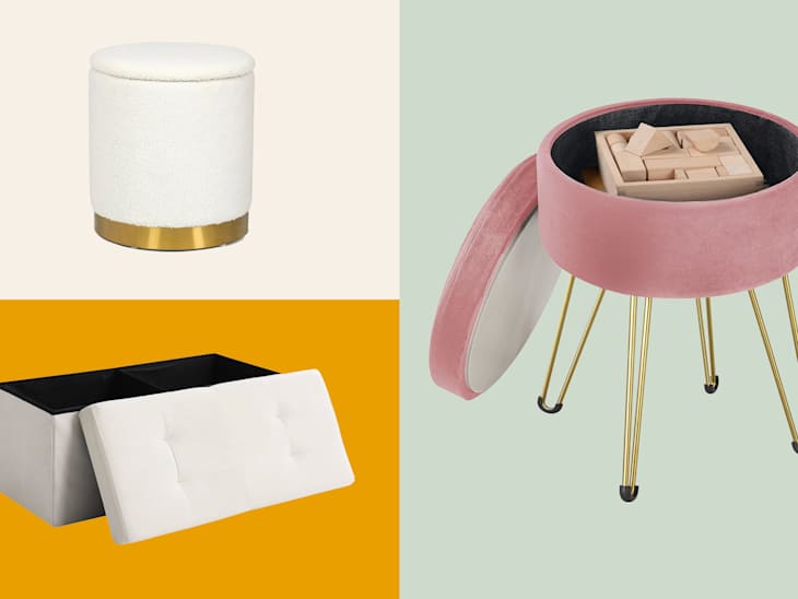 Product photo from left to right, Adeco Velvet Round Storage Stool Gold Plating Base Storage Ottoman, 
HOOBRO Ottoman with Storage, Round Stool with Sponge, Supports 287 lb Multipurpose Footrest Sofa Stool and CUYOCA Storage Ottoman Bench Foldable Seat Footrest Shoe Bench End of Bed Storage