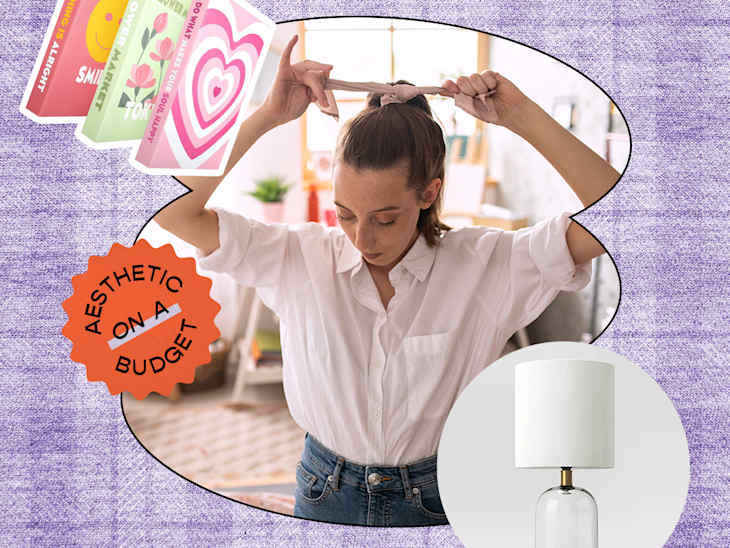 Woman tying hair in a room, with colorful books, a lamp, and "Aesthetic on a Budget" text on a purple background.