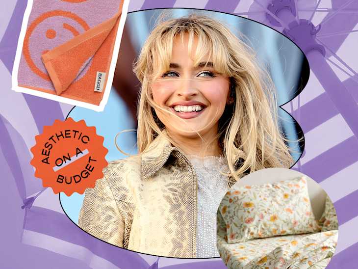 Sabrina Carpenter in a collage with products and beach umbrella background