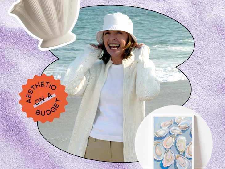 Diane Keaton on the beach and some coastal grandma aestheitc products around her