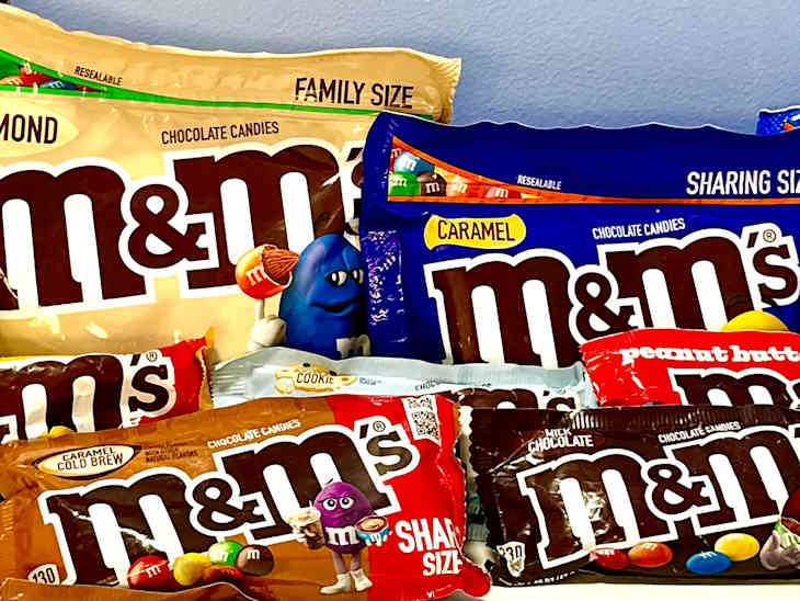 Various M&M's lined up.