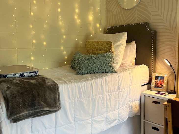 Storage bin in dorm bedroom.