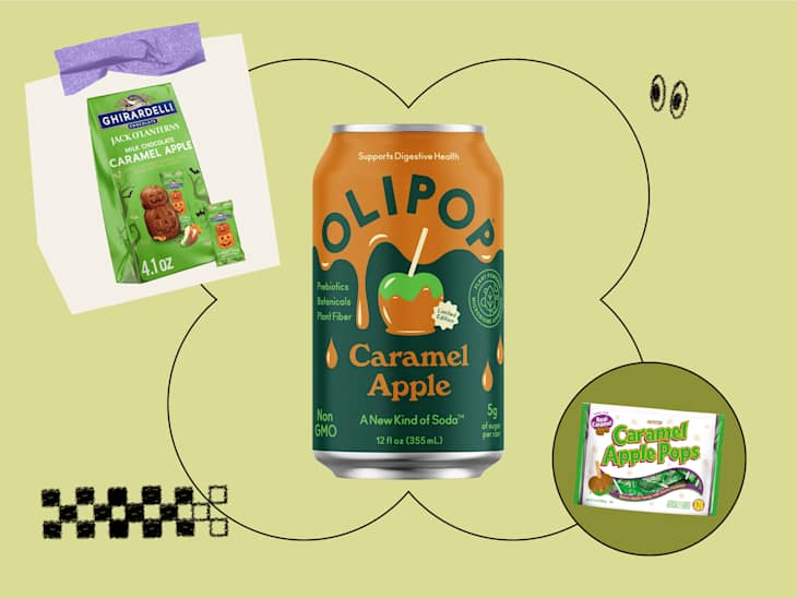 Caramel apple-themed products including a Ghirardelli chocolate bag, OLIPOP soda can, and Caramel Apple Pops package.