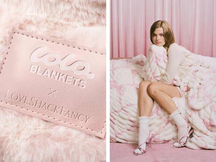 A close-up of a pink blanket label and a model sitting on a plush pink and white blanket, wearing a light sweater and socks.