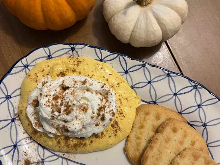 Pumpkin pie dip on platter.