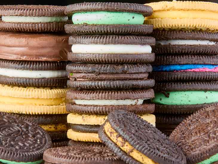 head on shot of three stacks of the different flavored oreos.