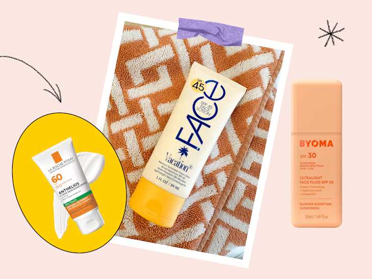 Various types of sunscreen on graphic background.