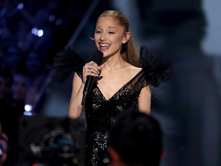 ELMONT, NEW YORK - SEPTEMBER 07: Ariana Grande speaks onstage during the 2025 MTV Video Music Awards at UBS Arena on September 07, 2025 in Elmont, New York. (Photo by Manny Carabel/Getty Images for MTV)