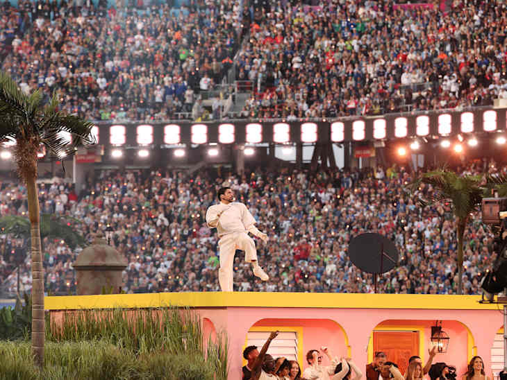 Bad Bunny performs onstage during the Apple Music Super Bowl LX Halftime Show at Levi's Stadium on February 08, 2026 in Santa Clara, California.