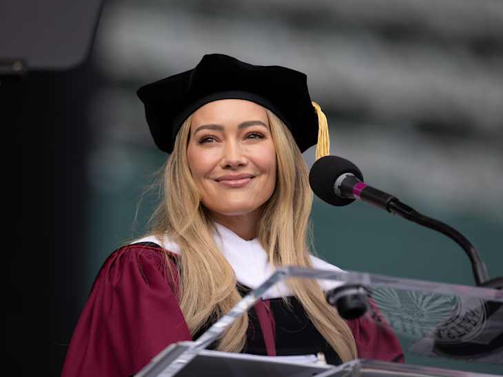 BOSTON, MASSACHUSETTS - APRIL 29: Hilary Duff delivers the Northeastern University's 2026 Commencement Speech at Fenway Park on April 29, 2026 in Boston, Massachusetts. (Photo by Lisa Aileen Dragani/Getty Images)