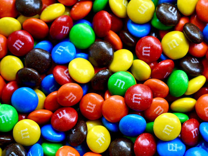 Full frame of colorful M and M’s chocolate candies, made by Mars, Inc