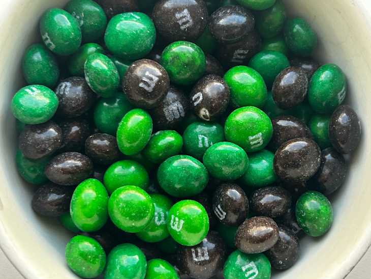 Bowl of mint crunchy cookie M&M's
