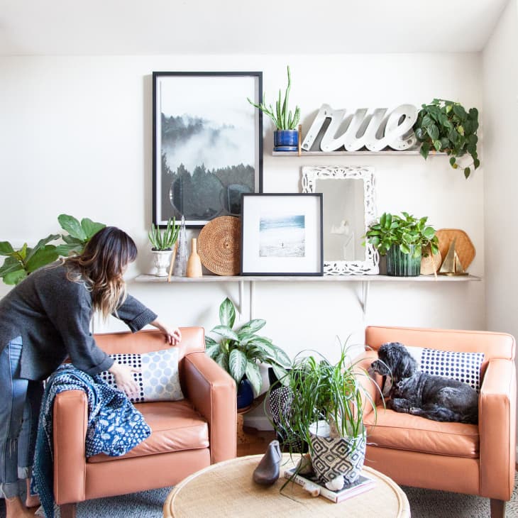 Living room with orange armchairs, plants, wall art, and a black fireplace. Woman arranging cushions, dog resting on chair.